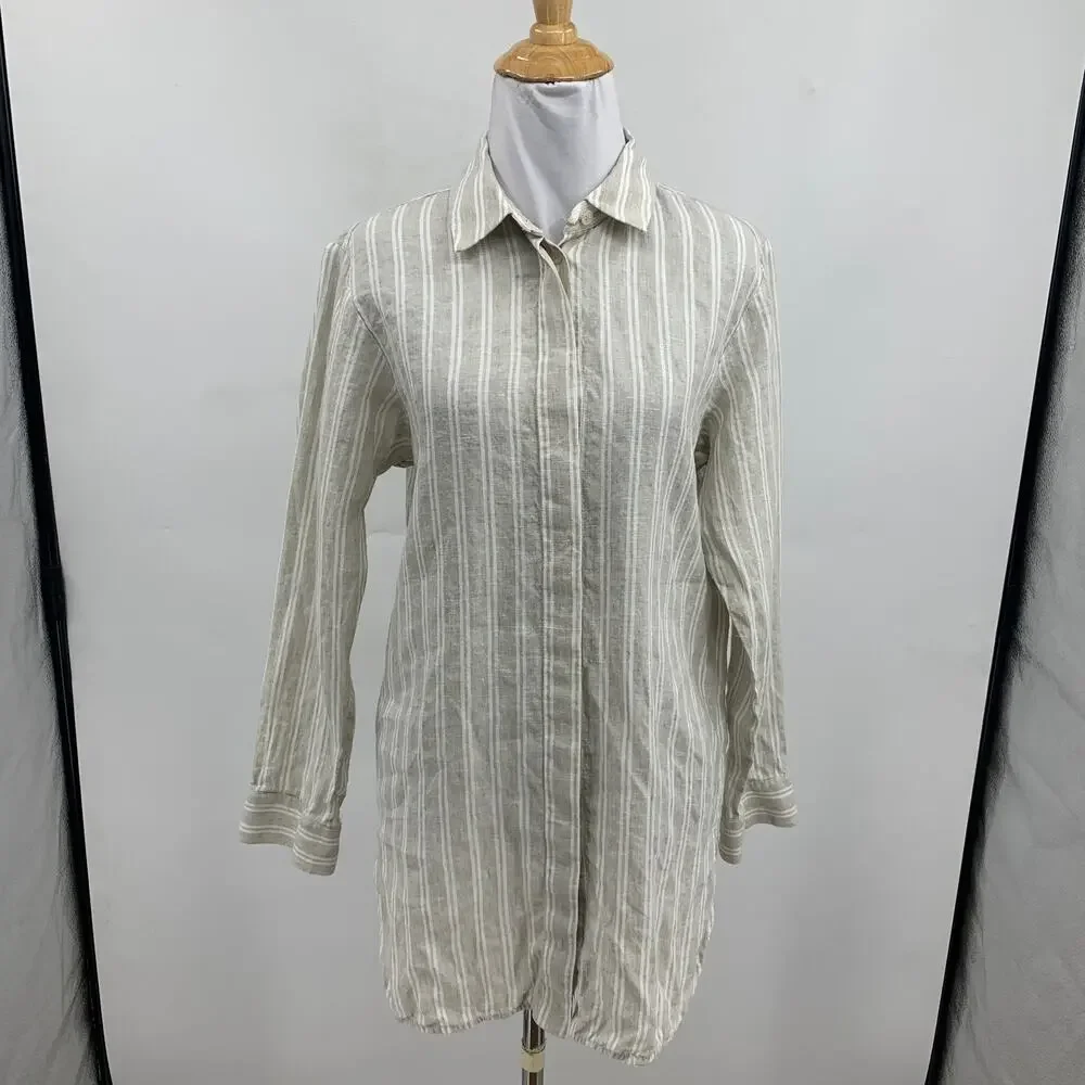 Lafayette 148 New York Shirt Womens Small Button Up Striped Linen Shirttail Hem - Picture 2 of 10